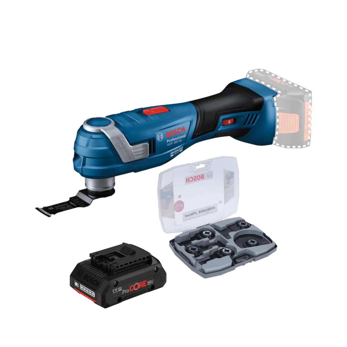 Multicutter Bosch GOP 18V-34 inkl. 1x4,0 Ah batteri og sagbladsett med 7 blad