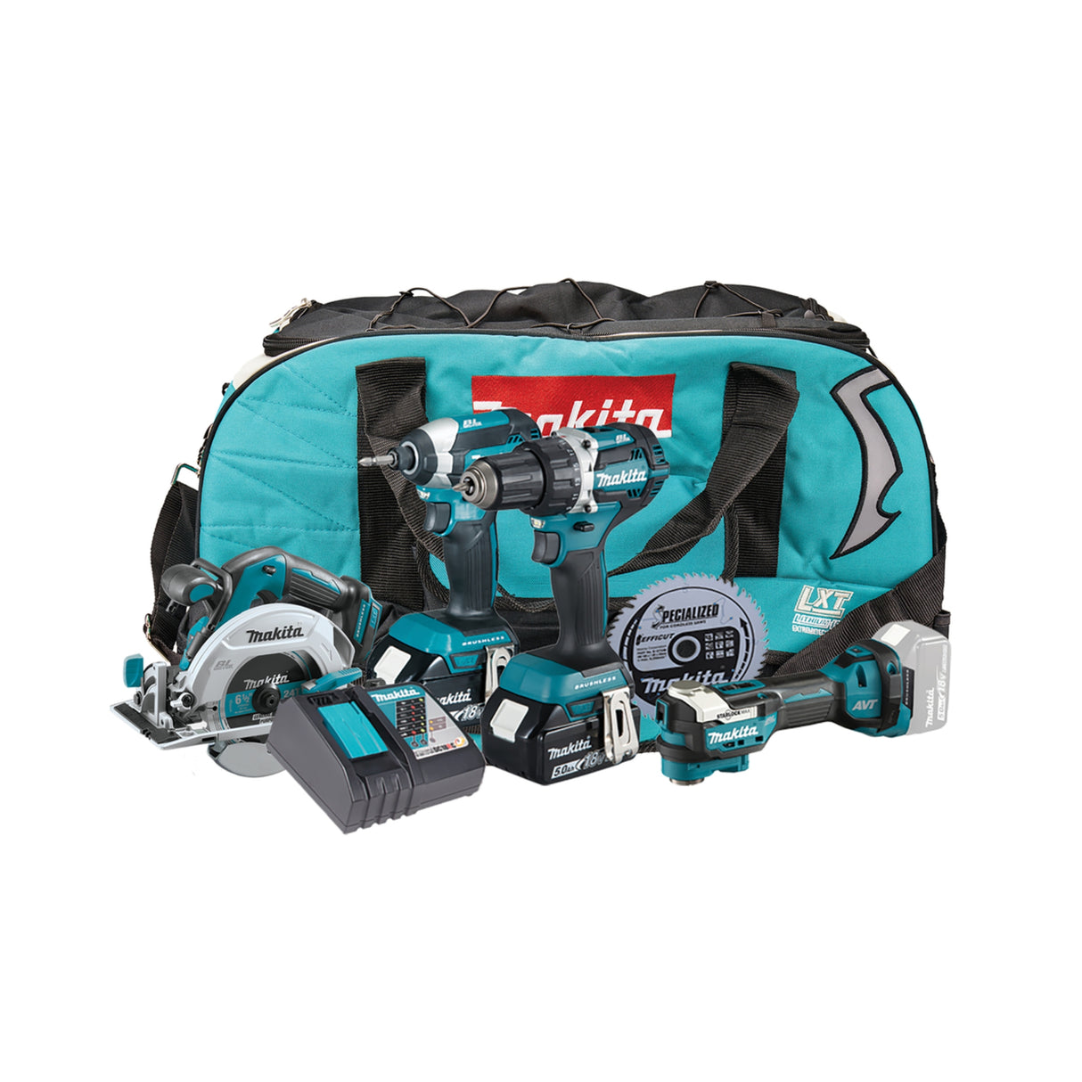 Maskinsett Makita LXT ® med 4 maskiner, 2x5,0Ah batteri, lader og bag til proff bruk