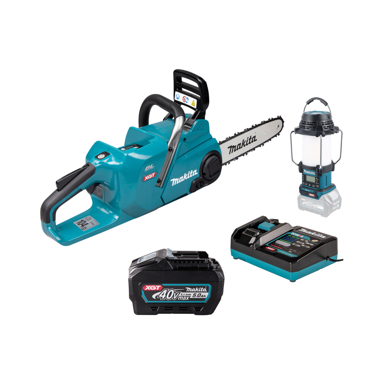 Kjedesag Makita XGT® inkl. 1x5 Ah batteri, lader og radiolampe