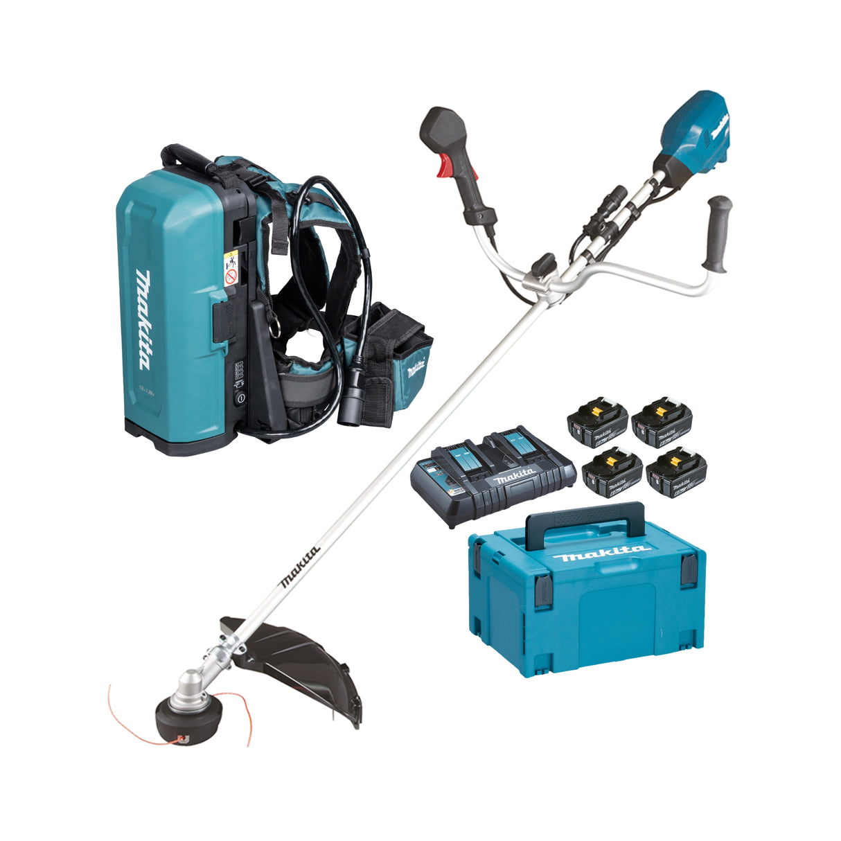Gresstrimmer/krattrydder Makita 36V UR101CZ inkl. dobbelt hurtiglader, 4x6 Ah batterier og ryggsekk med 4 batteriporter (UR101CZ+198091-4+191A64-2)